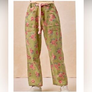 BiBi Floral Green Jeans with Pink Accents
